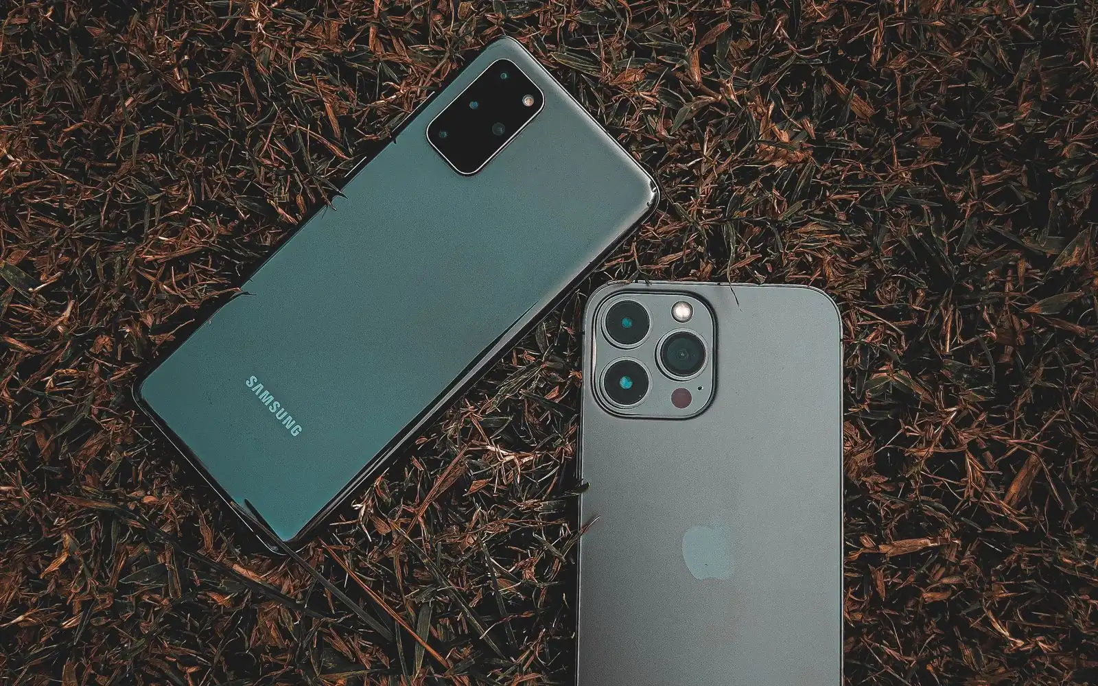 A Samsung Android phone and an iPhone lying on grass